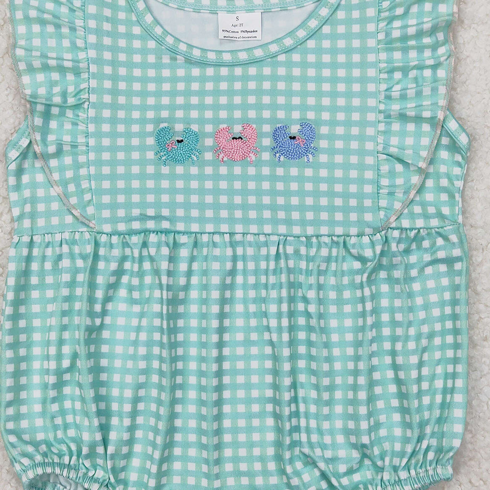 6.11   SR2659 RTS NO MOQ Baby Girls Summer Romper Flutter sleeves plaid crab baby girls summer romper