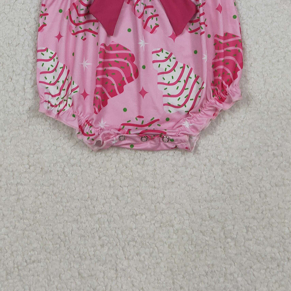 9.27 RTS NO MOQ （In stock）LR2586 Baby Girls Winter Rompers Baby Girls Pink Stripe Trees Stars Bow Top Christmas Ruffle Rompers