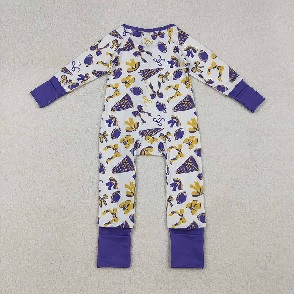 9.29 RTS NO MOQ （In stock）LR2513 Baby Girls Winter Rompers Baby Girls Team Purple Bows Footballs Ruffle Zipper Footie Rompers