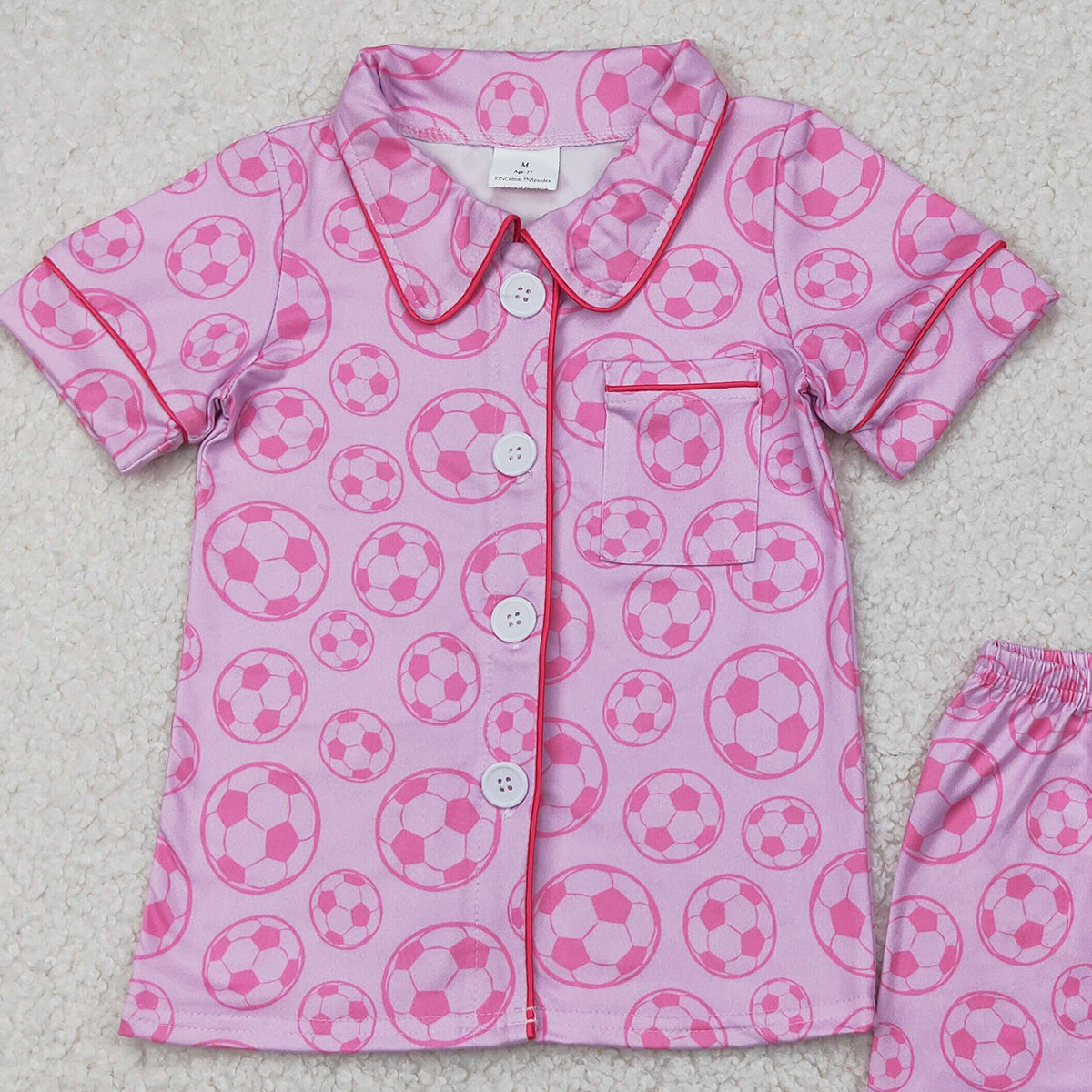 4.12 GSSO1957 RTS NO MOQ Baby Girls Summer Pajamas Outfits  Short sleeves pink soccer baby girls button down pajamas