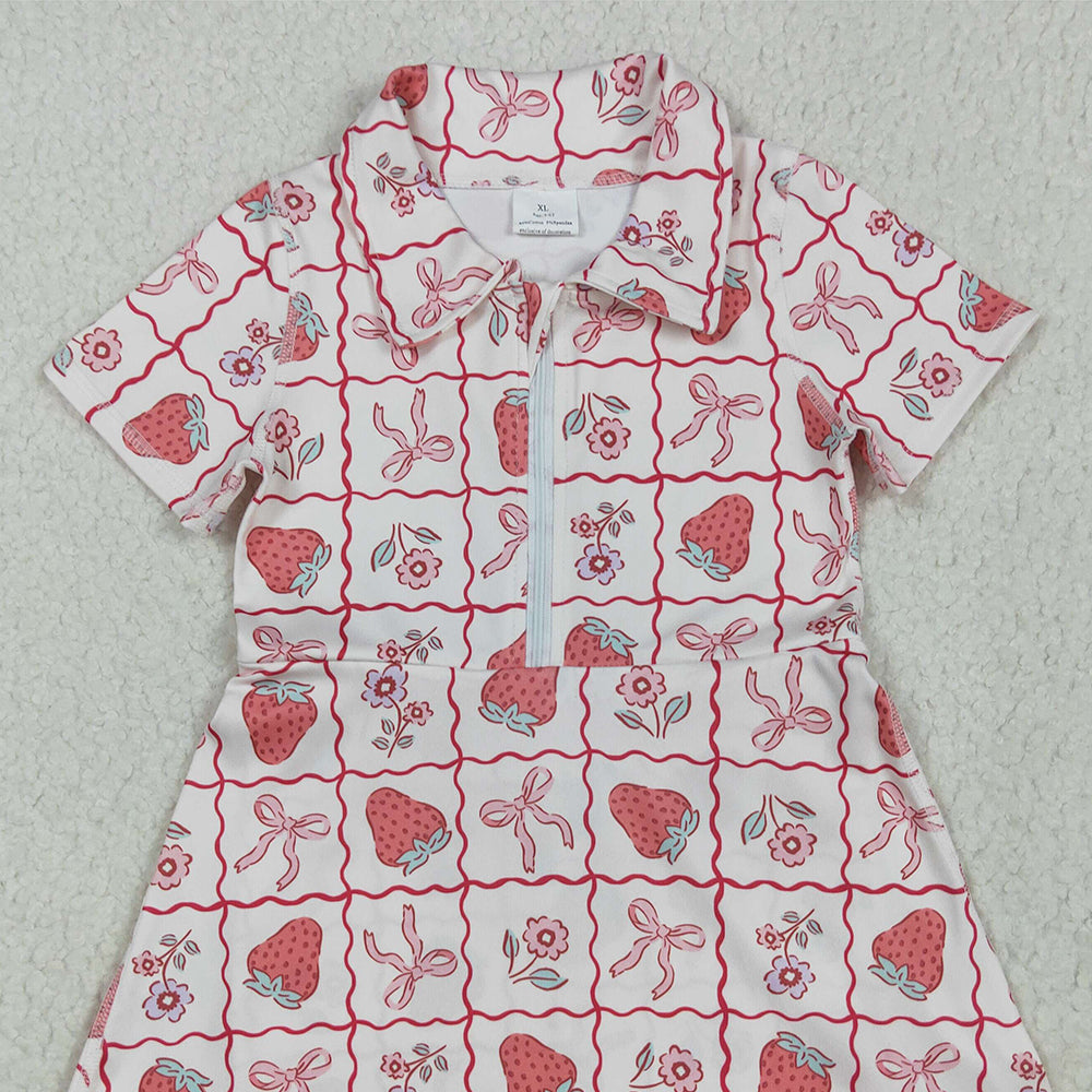8.11  GSD2407RTS NO MOQ Baby Girls Summer Yoga Dress  Baby Girls Short Sleeves Bows Strawberry Zipper Knee Length Dresses