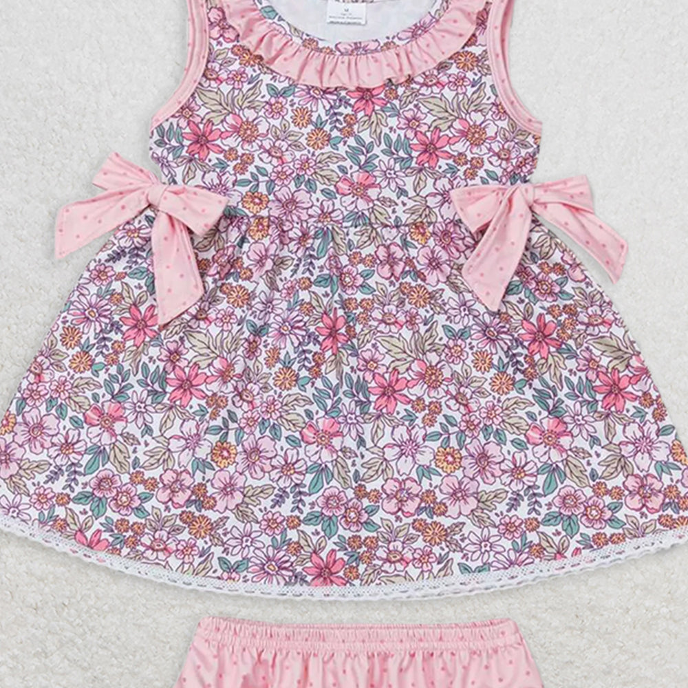 GBO0313RTS NO MOQ Baby Girls Summer Outfits  Baby Girls Pink Flowers Bows Tunic Top Bummies Clothes Sets