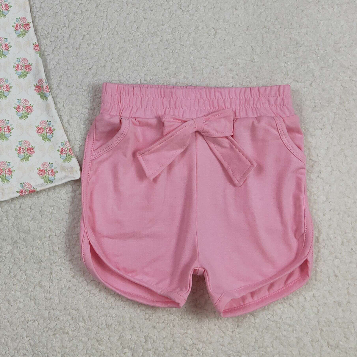 3.12 RTS NO MOQ （In stock）GSSO2953 Kids Clothing for Girls Baby Girls Pink Flowers Checked Tunic Pockets Short Clothes Sets