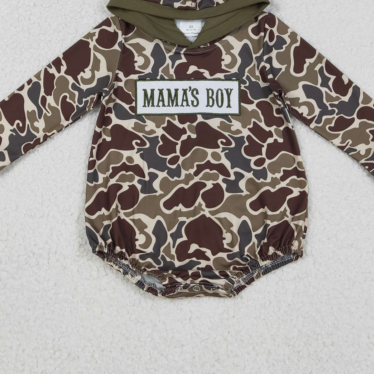 12.5 RTS NO MOQ （In stock）LR2791 Embroidery Mama's Boy Baby Boys Dark Khaki Camo Hoodie Rompers