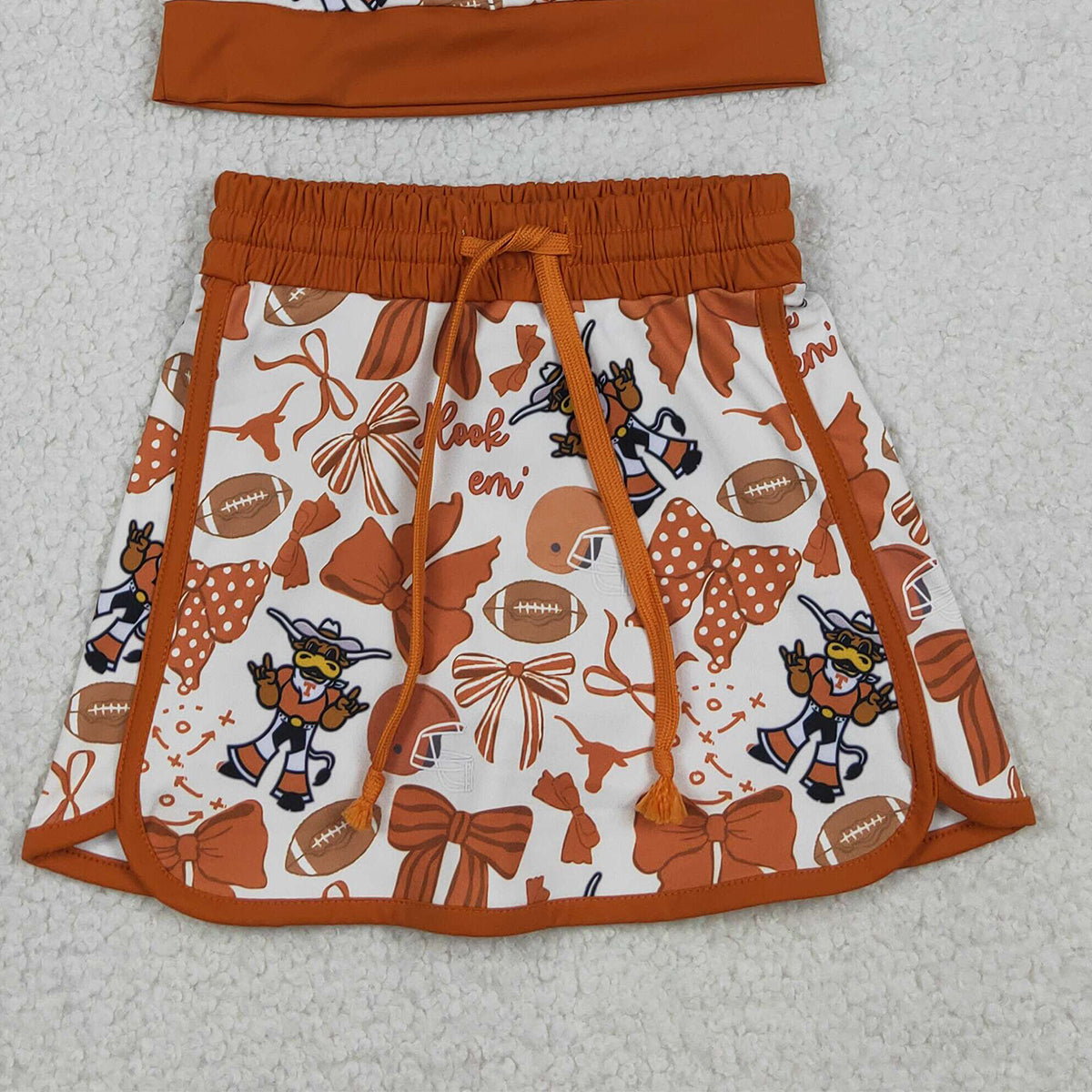 GSD3697 RTS NO MOQ （In stock ）Short sleeves football bow top skirt girls team active wear set