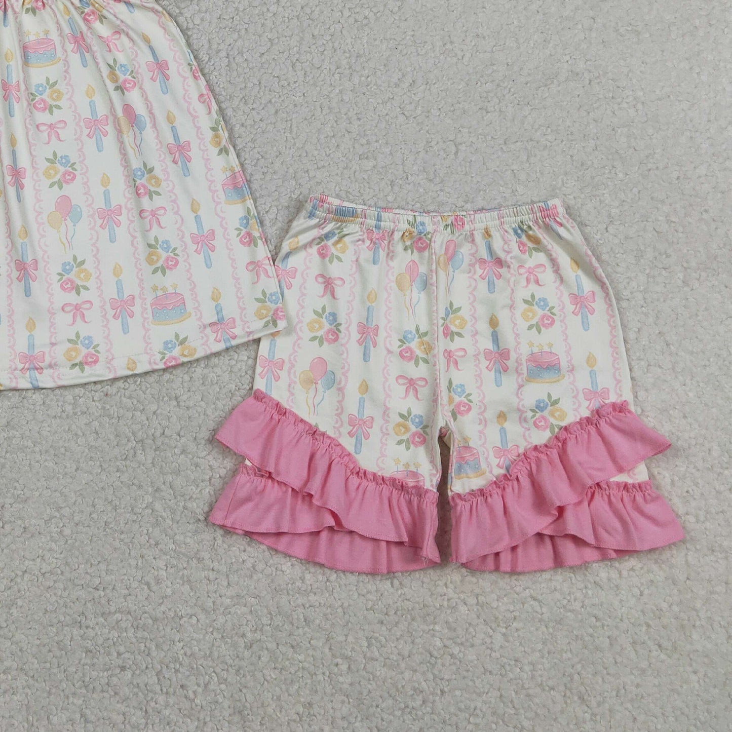 GSSO3445 RTS NO MOQ （In stock ）Short sleeves balloon floral bow girls happy birthday outfits