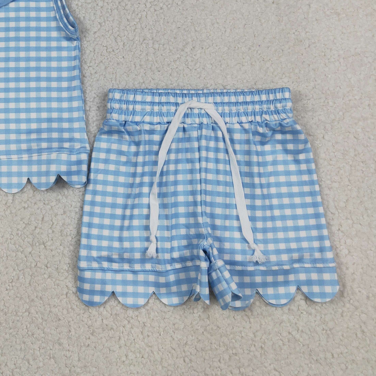 GSSO3397 RTS NO MOQ （In stock）Sleeveless light blue plaid scallop top shorts girls outfits