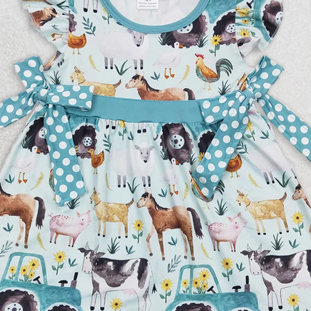GSD0162 RTS NO MOQ Baby Girls Summer Dress Girls farm car cow horse pig chicken flying sleeve dress