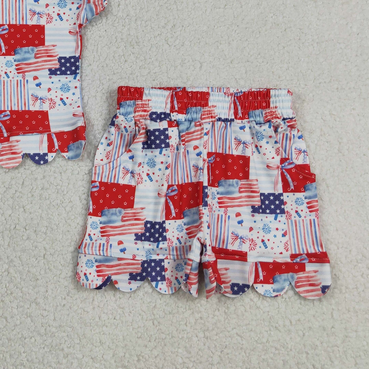 GSSO3599 RTS NO MOQ （In stock ）Flag bow scallop pullover shorts girls 4th of july outfits