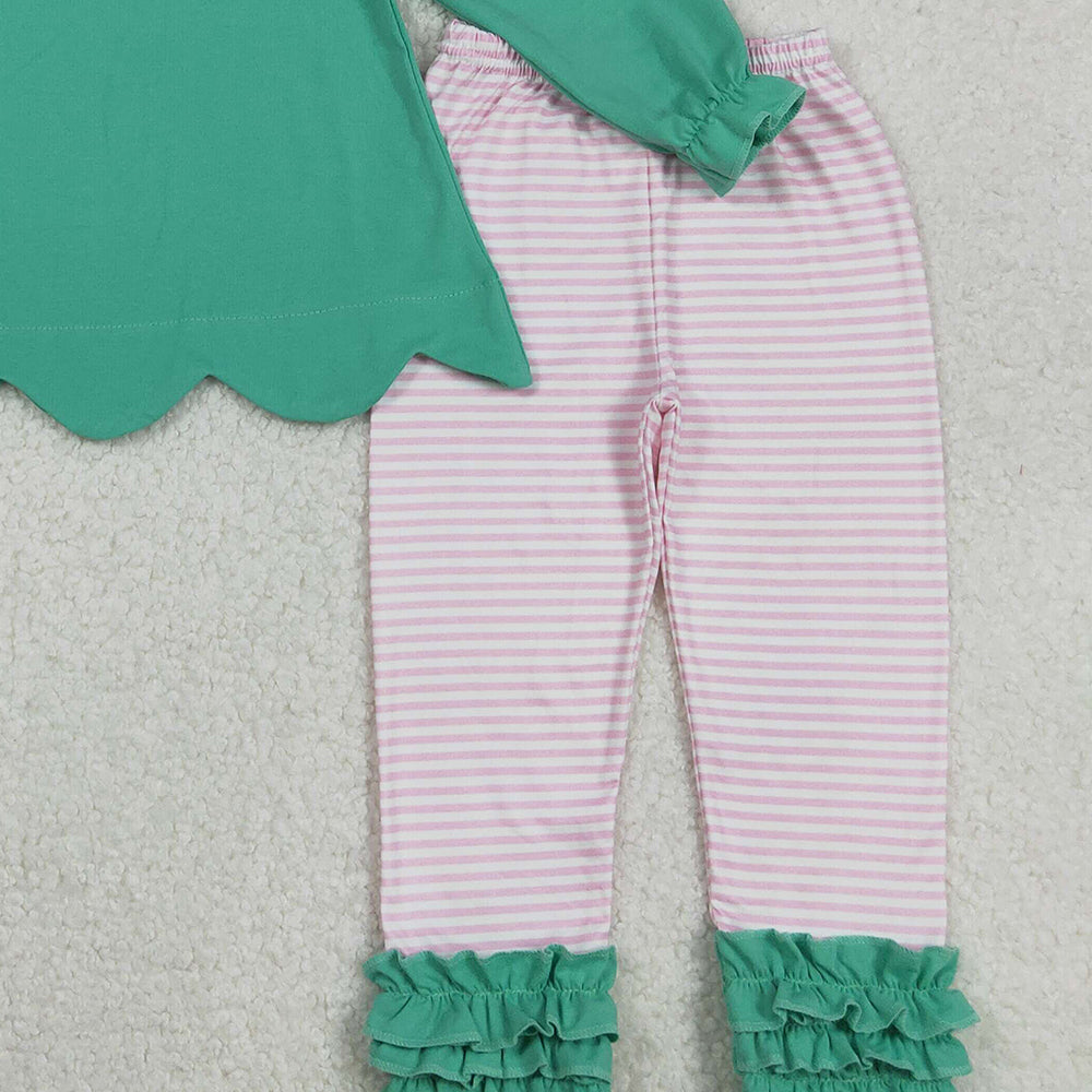 RTS NO MOQ （In stock）GLP2575 Baby Girls Winter Outfits  Green Christmas Santa Tunic with Stripe Legging Pant Sets