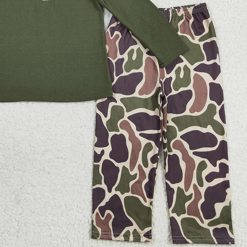 RTS NO MOQ （In stock）BLP1138 Baby Boys Winter Outfits Baby Boys Dark Green Long Sleeves Zipper Top Camo Pant Western Set
