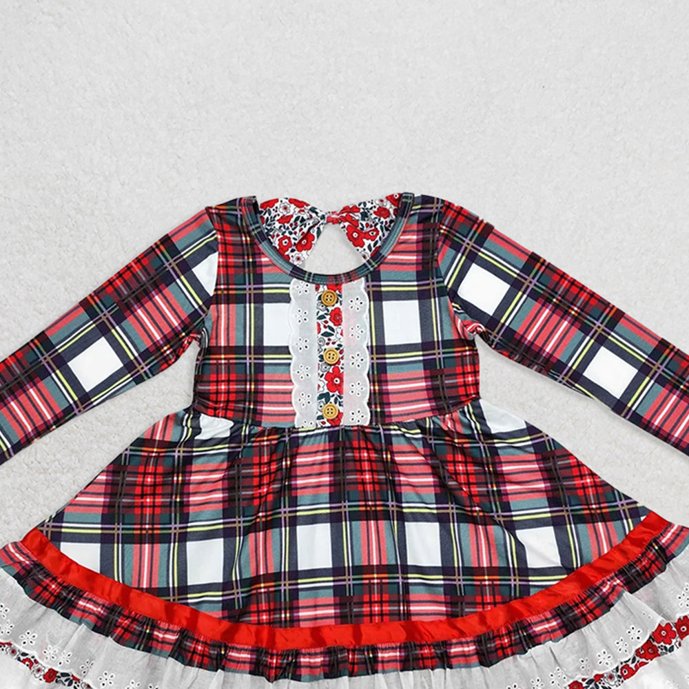 GLD0838RTS NO MOQ Baby Girls Winter Dress  Baby Girls Christmas Green Red Checkered Ruffle Knee Length Dresses