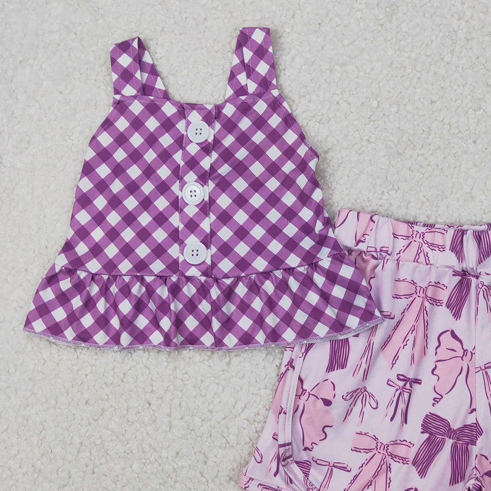 GSSO2035RTS NO MOQ Baby Girls Summer Outfits Baby Girls Purple Checkered Straps Top Bows Shorts Clothes Sets