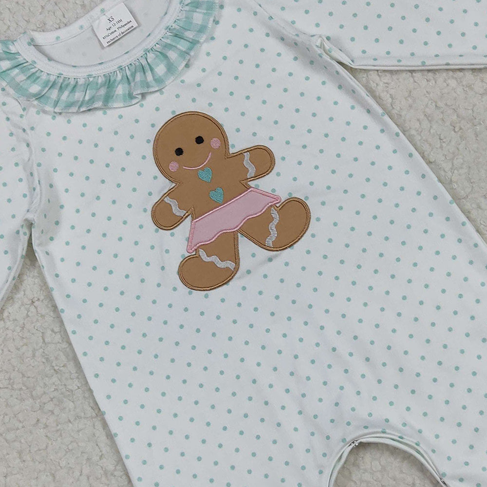 RTS NO MOQ （In stock）LR2341 Baby Girls Winter Rompers Embroidery Baby Girls Christmas Polka Dots Gingerbread Rompers