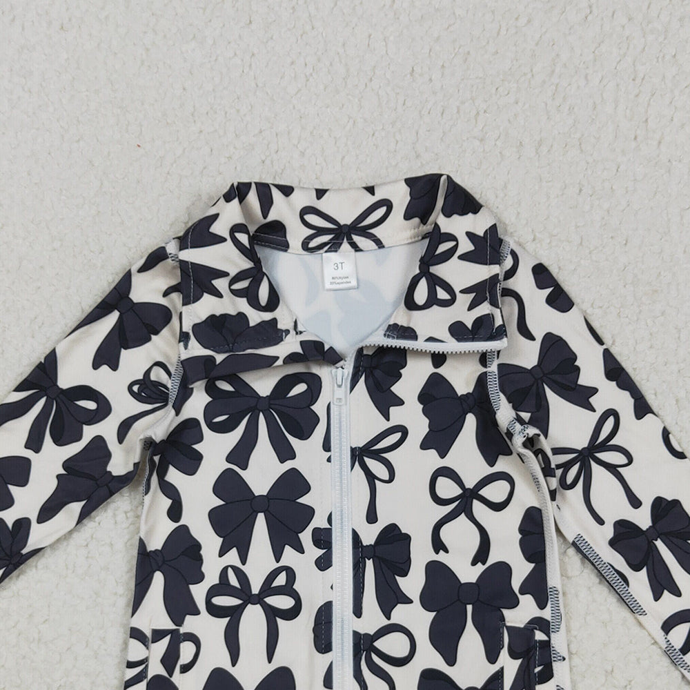RTS NO MOQ （In stock）GT1084 Baby Girls  Yoga Tops Baby Girls Long Sleeves Black Bows Zipper Pockets Yoga Jacket Tops