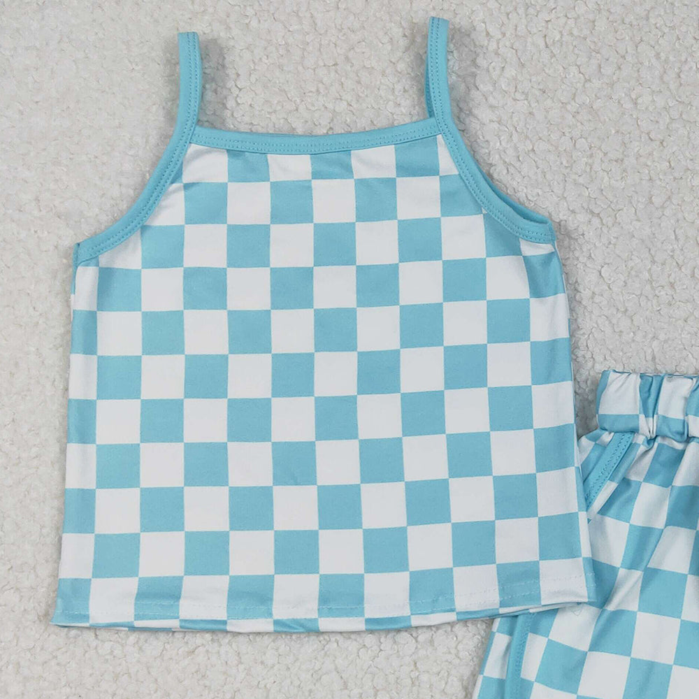 8.13  GSSO2332RTS NO MOQ Baby Girls Summer Outfits Baby Girls Blue Strap Plaid Top Short Sport Set