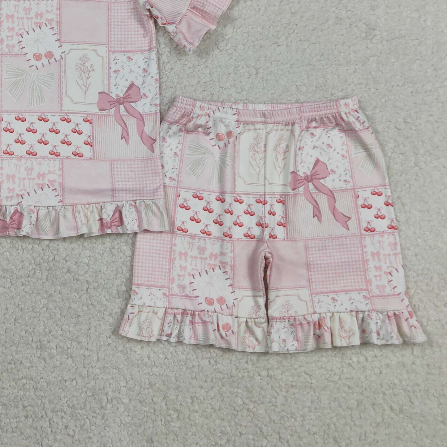 GSSO3321 RTS NO MOQ （In stock ）Baby Girls Bows Flowers Checked Top Ruffle Shorts Pajamas