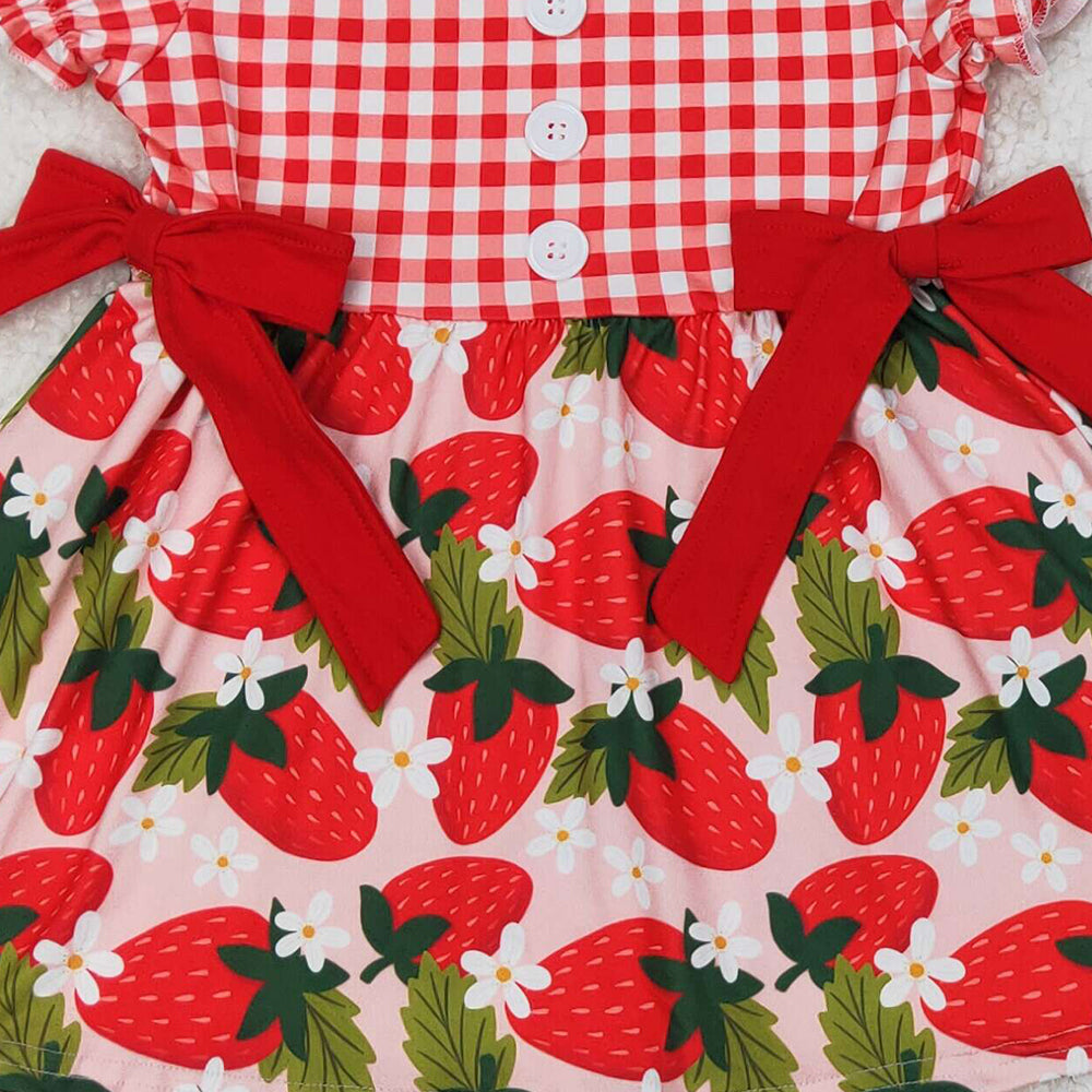 GSSO1648 RTS NO MOQ Girls Red Plaid Short Sleeve Tunic Short Set Cute Strawberry Design Children's Clothing Outfit