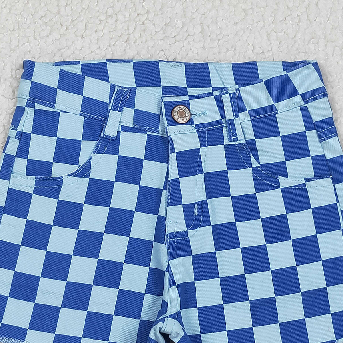 12.13 RTS NO MOQ （In stock）SS0763 Baby Girls Summer Shorts Baby Girls Blue Checked Pockets Denim Shorts Bottom