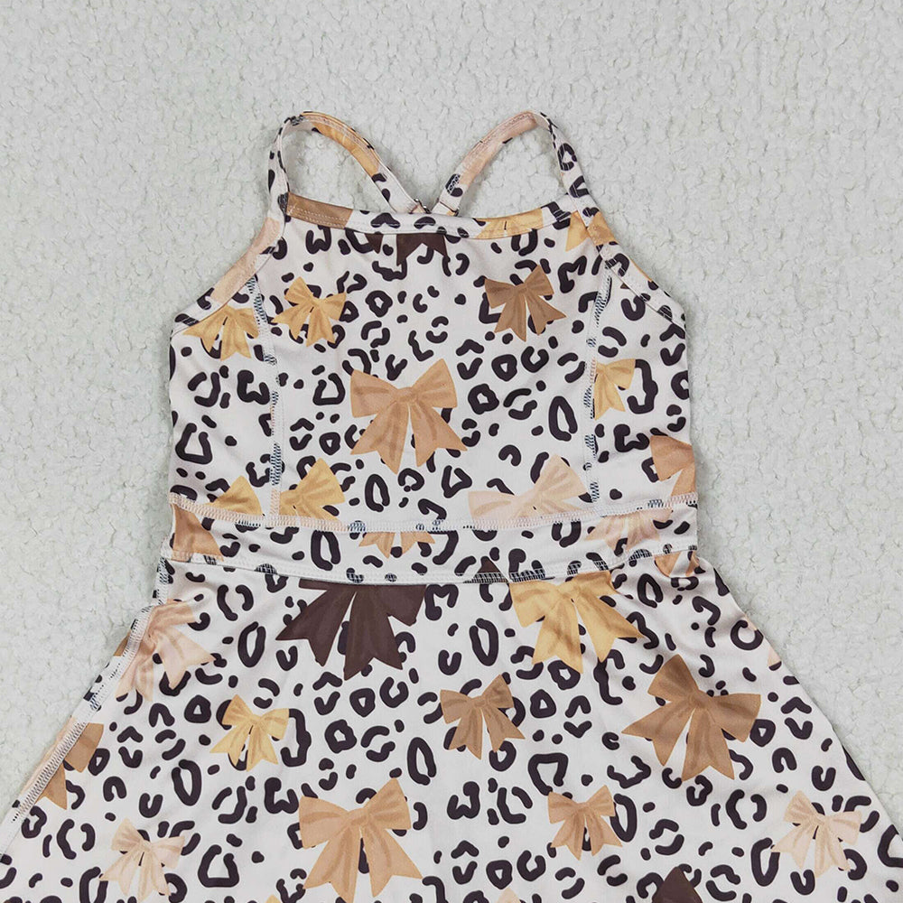 RTS NO MOQ （In stock）GSD2649 Baby Girls Summer Yoga Dress Baby Girls Strap Olive Bows Leopard Shorts Knee Length Dresses