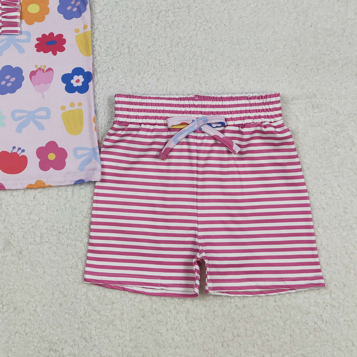 12.4 RTS NO MOQ （In stock）GSSO2830 Baby Girls Colorful Flowers Button Top Stripe Shorts Clothes Sets