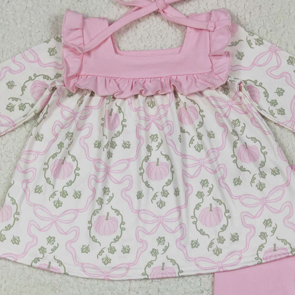 BT1256 RTS NO MOQ Baby Girls Winter Outfits Baby Girls Fall Pumpkins Bows Plaid Tunic Pink Ruffle Pant Sets