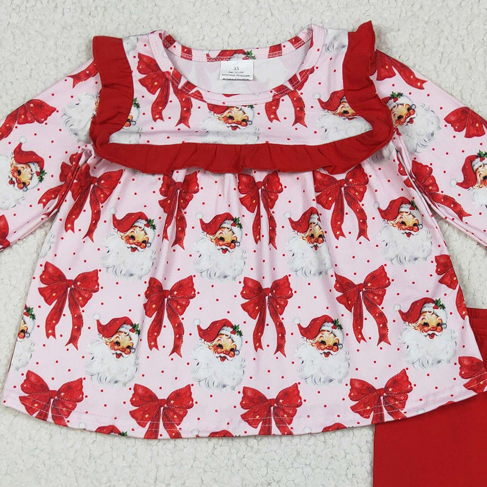 GLP2347 RTS NO MOQ Baby Girls Winter Outfits Baby Girls Long Sleeves Red Santa Bows Tunic Ruffle Pant Sets
