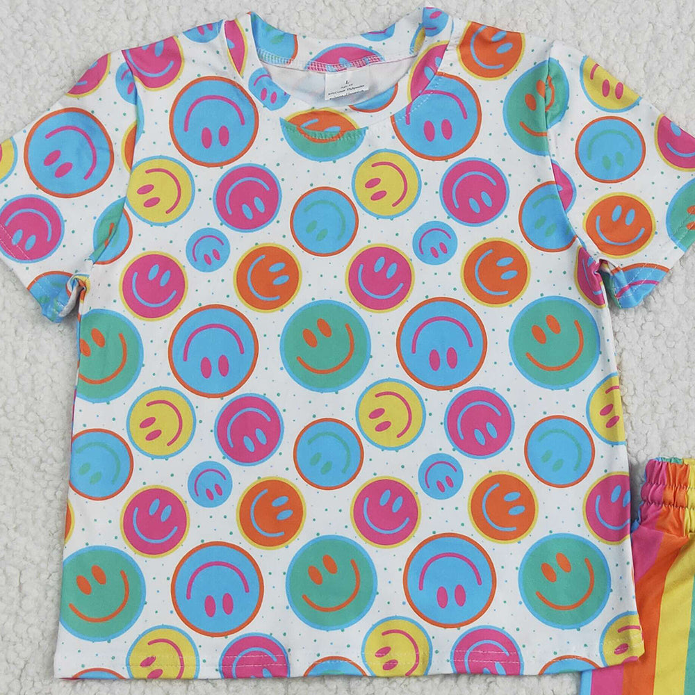 7.01  GSSO2609 RTS NO MOQ Baby Girls Summer Outfits Baby Girls Short Sleeves Colorful Smiles Top Short Pajamas Set