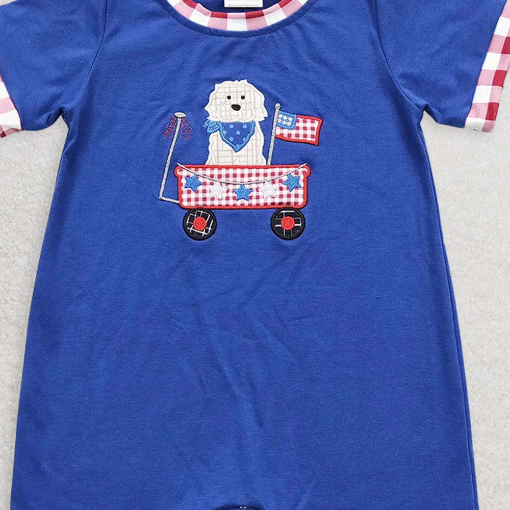 SR0749 RTS NO MOQ Baby Boys Summer Rompers Embroidery Baby Girls July 4th Dog Flag Sister Brother Rompers Clothes Sets