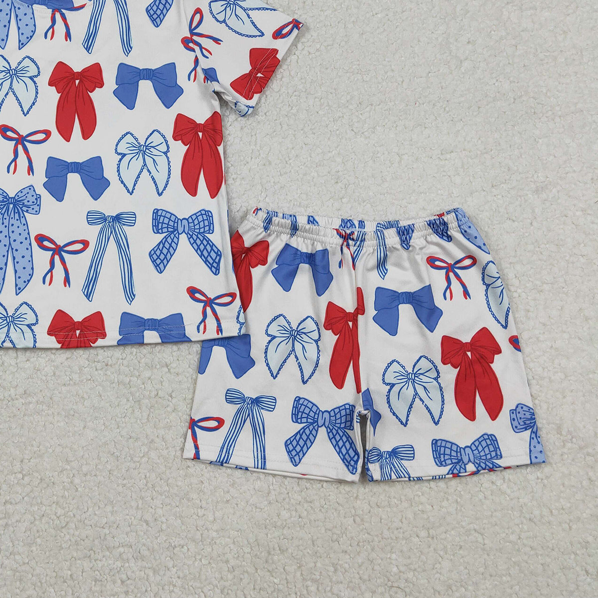 12.9 RTS NO MOQ （In stock）GSSO2772 Baby Girls Blue Red Bows Top Shorts 4th of July Pajamas Clothes Sets