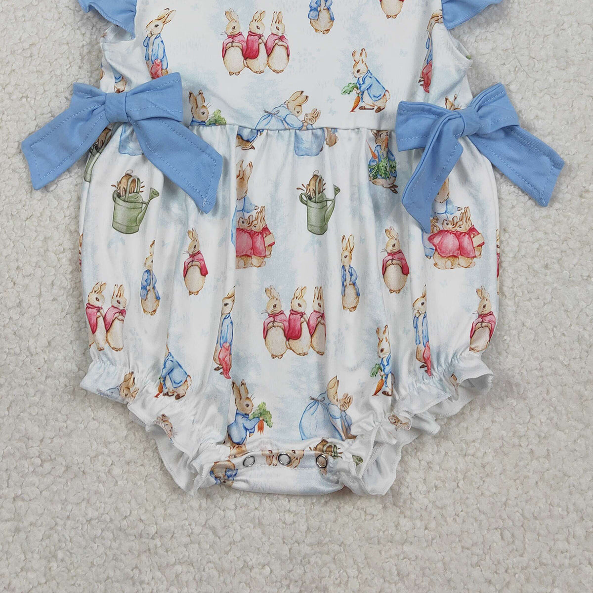 1.24 RTS NO MOQ （In stock）SR3833 Baby Girls Flutter Sleeve Rabbits Bows Easter Ruffle Rompers