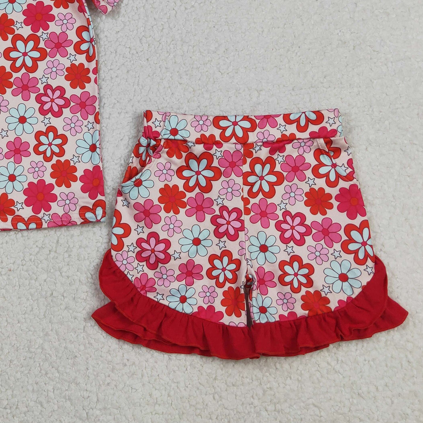 GSSO3471 RTS NO MOQ （In stock ）Short sleeves floral top red ruffle shorts girls outfits