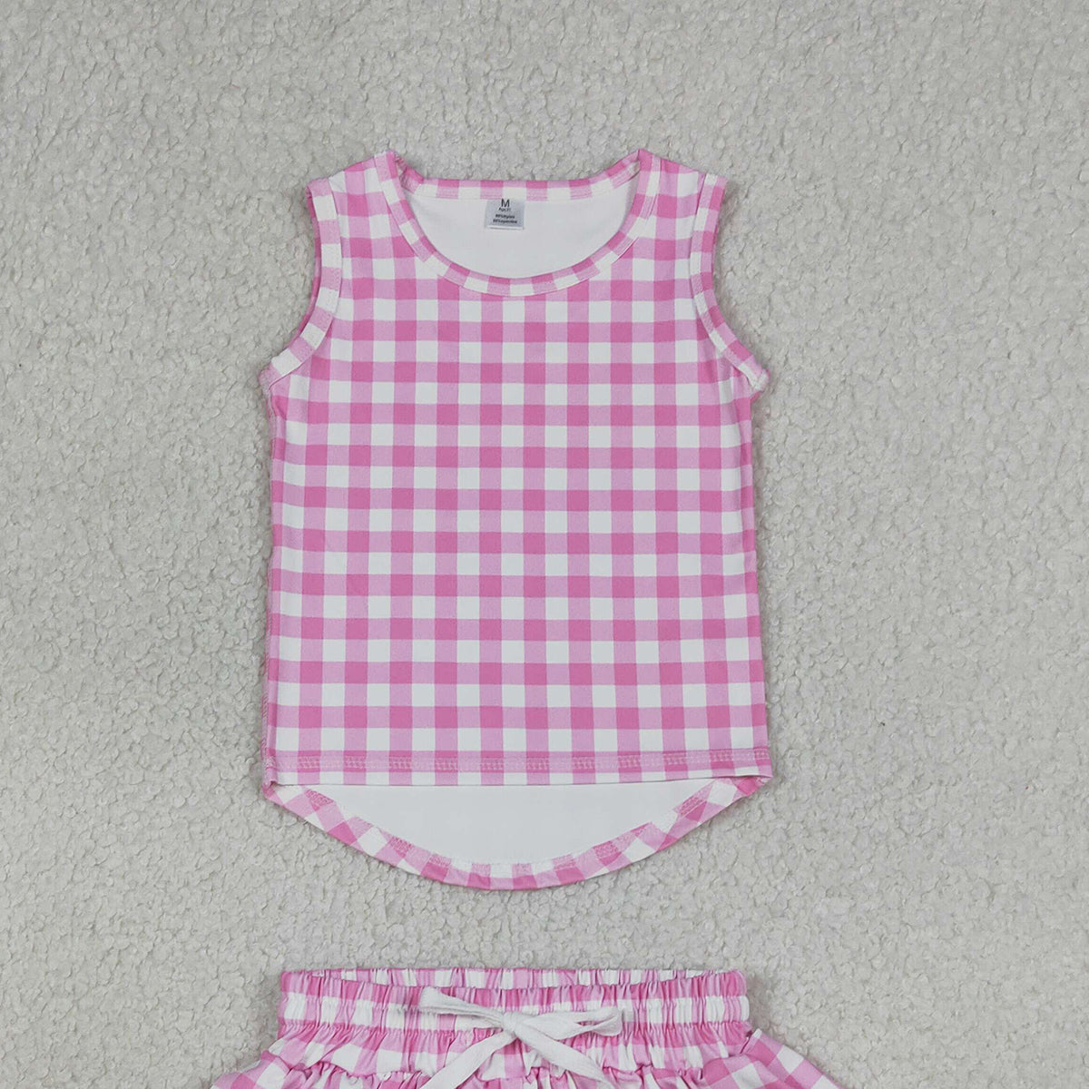 4.9 GSSO3478 RTS NO MOQ （In stock ）Sleeveless pink plaid top shorts girls active wear set