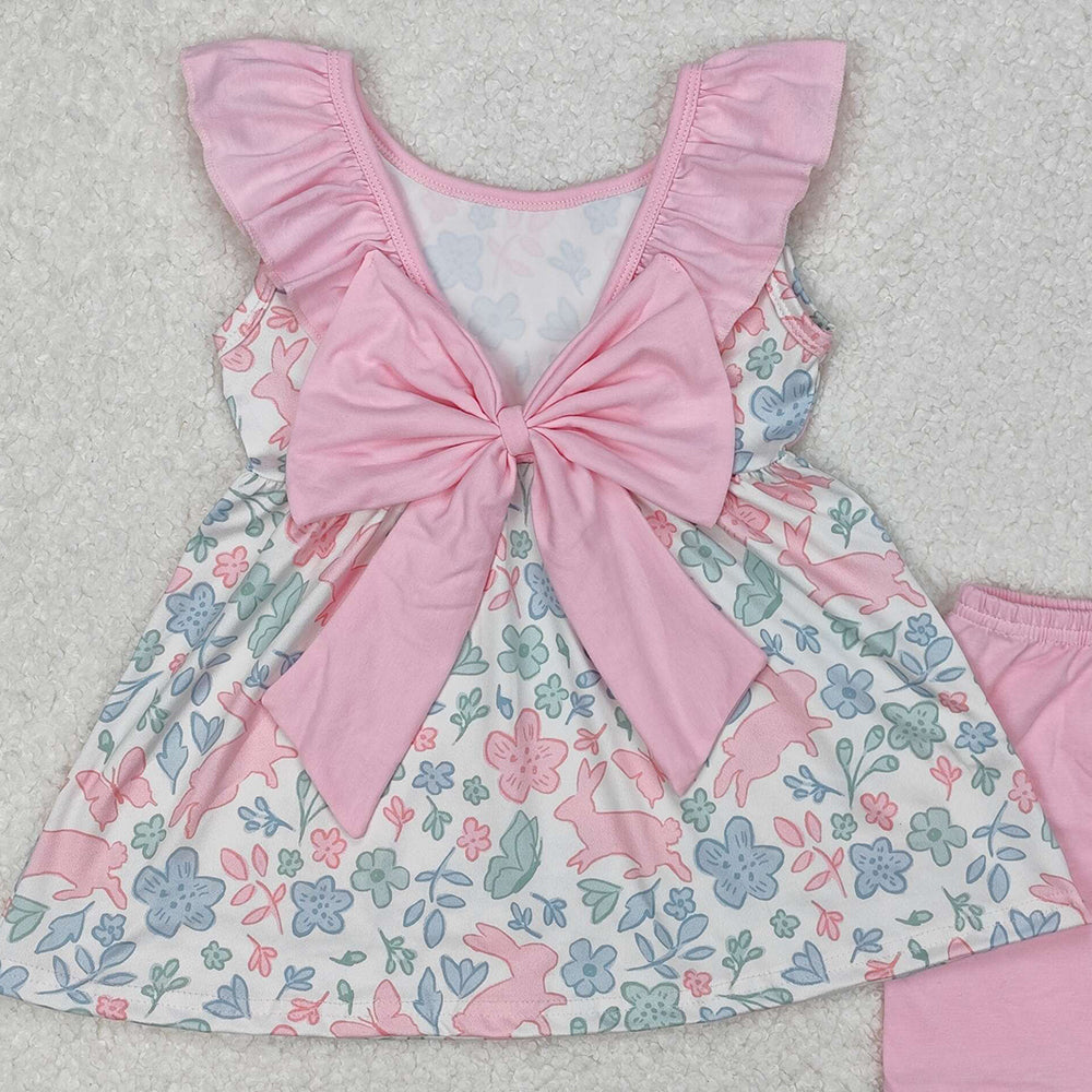 GSSO1881Girls Pink Ruffle Floral Bunny Tunic Short Set Easter Outfit Spring Clothing Toddler Kids Animal Print Headband Included