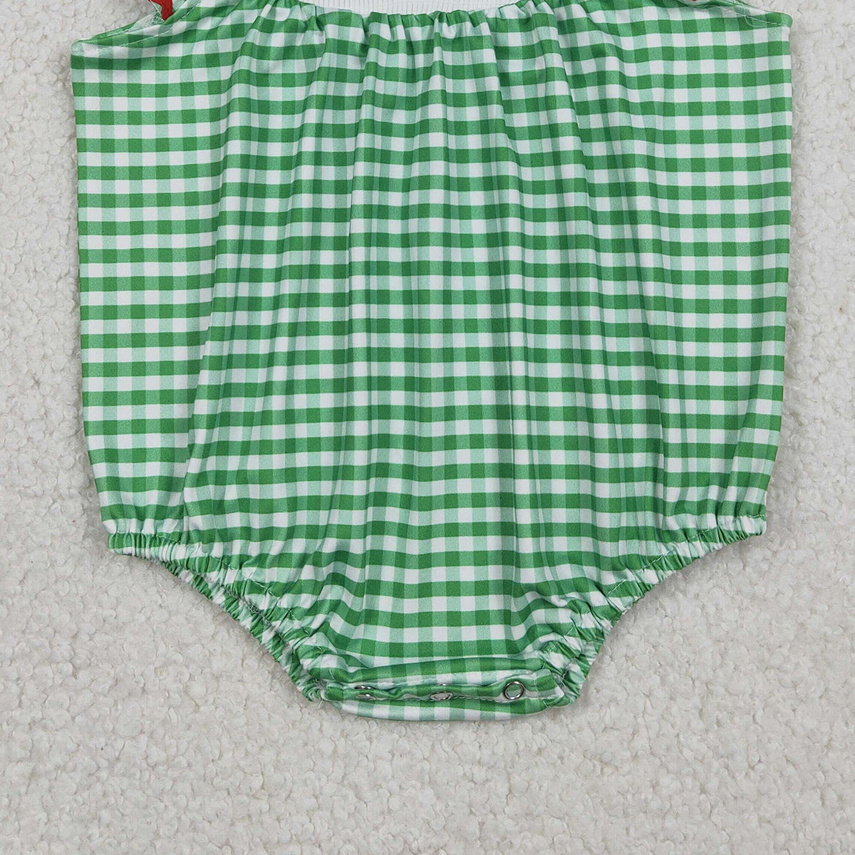 12.24 RTS NO MOQ （In stock）SR3550 Smocked Strawberry Baby Girls Green Checked Ruffle Rompers