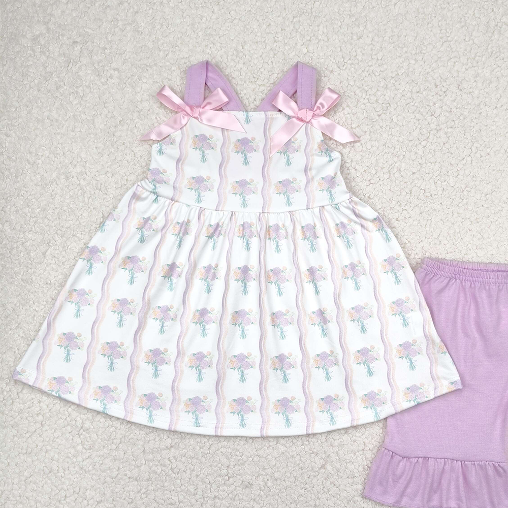 6.13 GSSO2430 RTS NO MOQ   Baby Girls Summer Outfits Baby Girls Hot Pink Strap Floral Stripe Tunic Ruffle Short Set