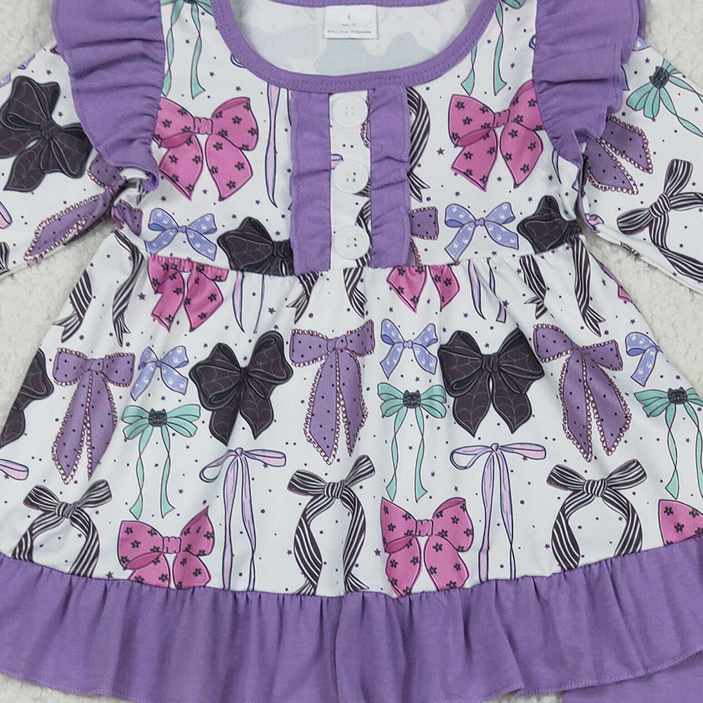 RTS NO MOQ （In stock） GLP2528 Baby Girls Winter Outfits Baby Girls Long Sleeves Purple Bows Button Top Legging Pants Sets