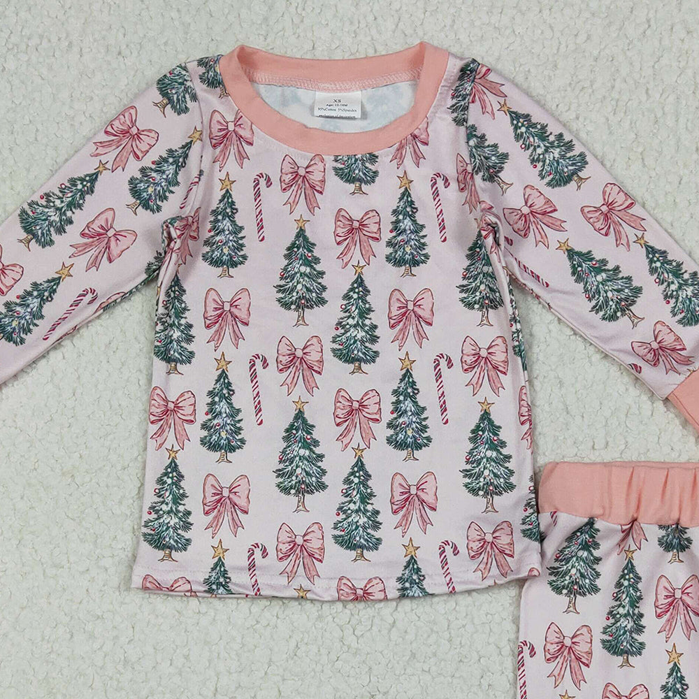 8.14 GLP2423RTS NO MOQ Baby Girls Winter Outfits Baby Girls Pink Long Sleeves Bows Trees Top Pant Pajamas Set