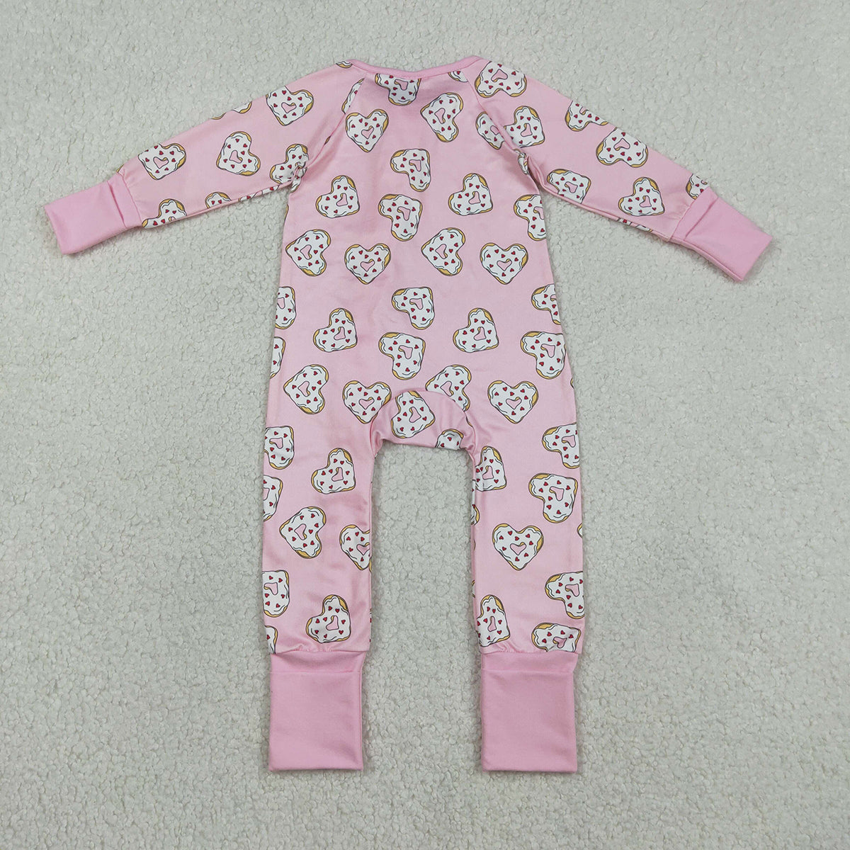 12.30 RTS NO MOQ （In stock）LR2960 Baby Girls Winter Rompers Baby Girls Donuts Hearts Valentines Two Way Zip Convertible Rompers