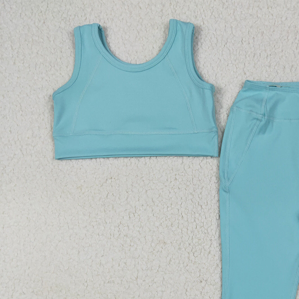 RTS NO MOQ （In stock）GSPO2004 Baby Girls Yoga Outfits Baby Girls Aqua Yoga Vest Bell Bottom Pants Active Wear Clothes Sets