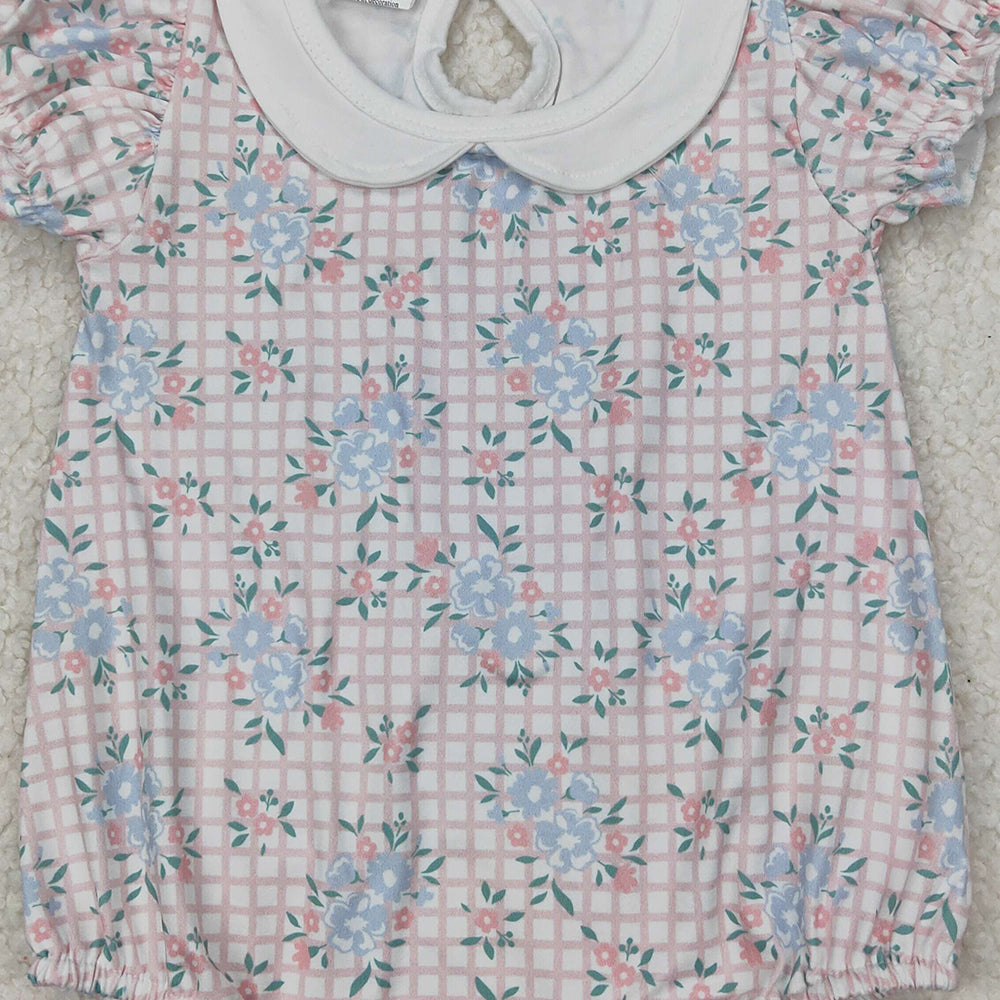 4.08 SR2878 RTS NO MOQ Baby Girls Summer Romper Short sleeves pink plaid floral baby girls romper