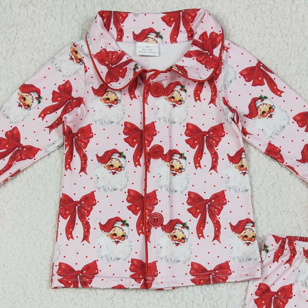GLP2373 RTS NO MOQ Baby Girls Winter Outfits Baby Girls Red Christmas Fur Bows Santa Button Top Pants Pajamas Sets