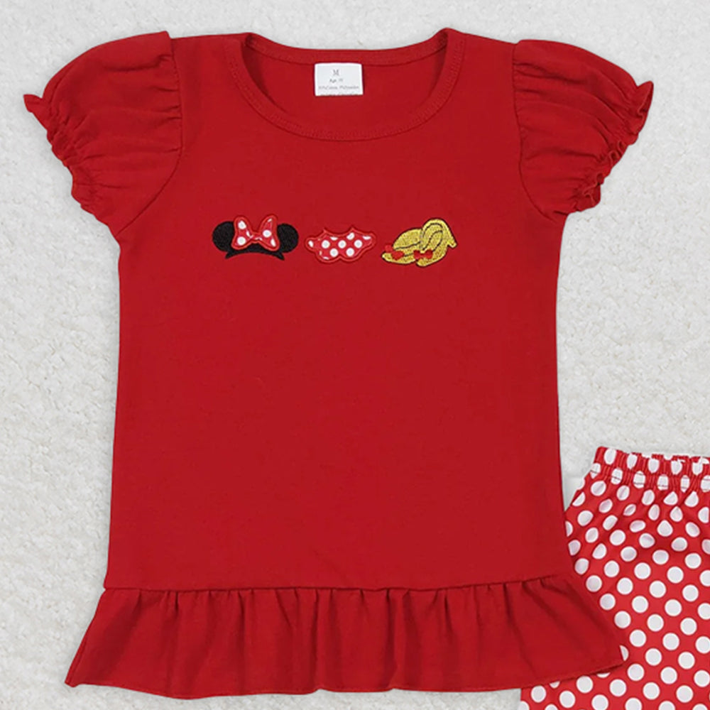 GSSO0450RTS NO MOQ Baby Girls Summer Outfits Red short sleeves mouse top ruffle shorts girls outfits