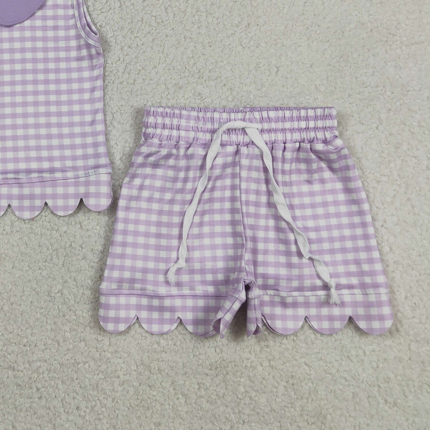 GSSO3396 RTS NO MOQ （In stock ）Sleeveless lavender plaid scallop top shorts girls outfits