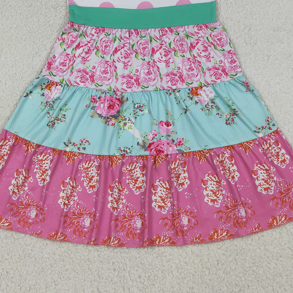 4.11 GSD4089 RTS NO MOQ （In stock ）Baby Girls Flutter Sleeve Flowers Patchwork Knee Length Dresses