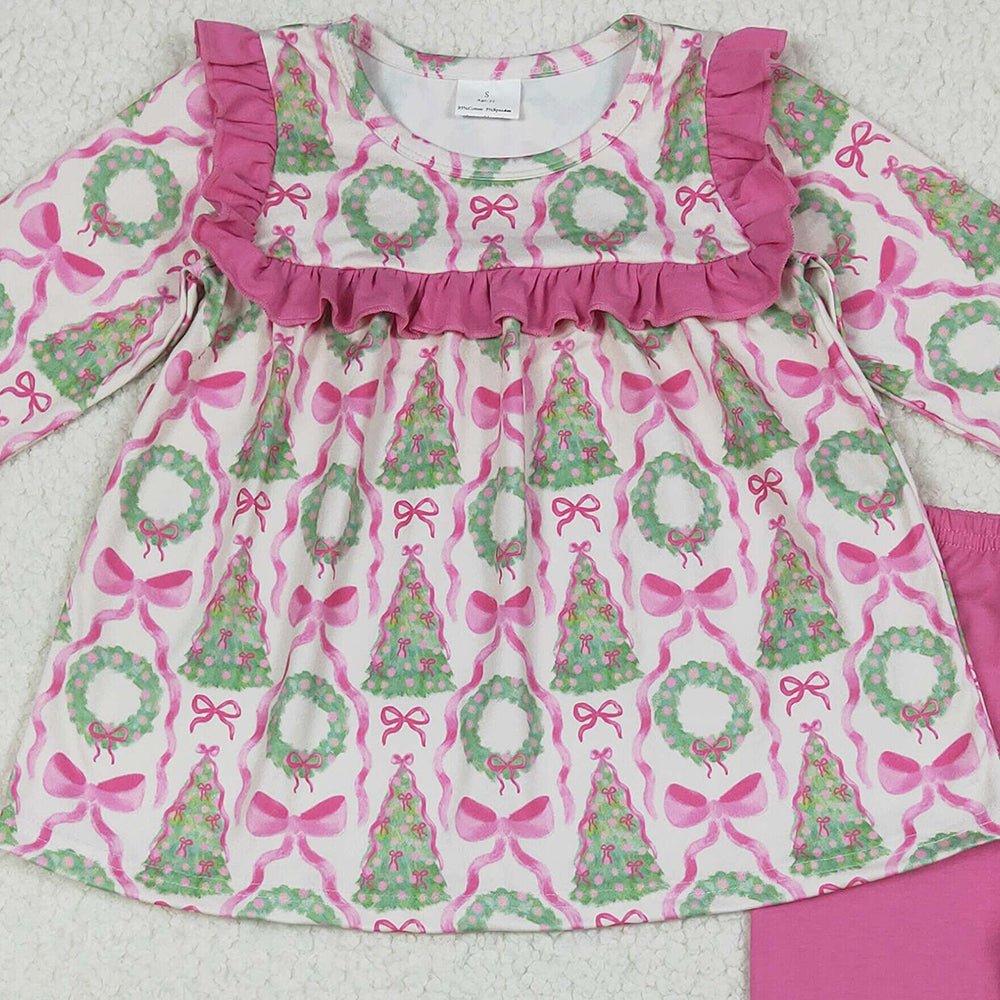 RTS NO MOQ （In stock） GLP2339  Baby Girls Winter Outfits Baby Girls Long Sleeves Trees Bows Tunic Ruffle Pant Set