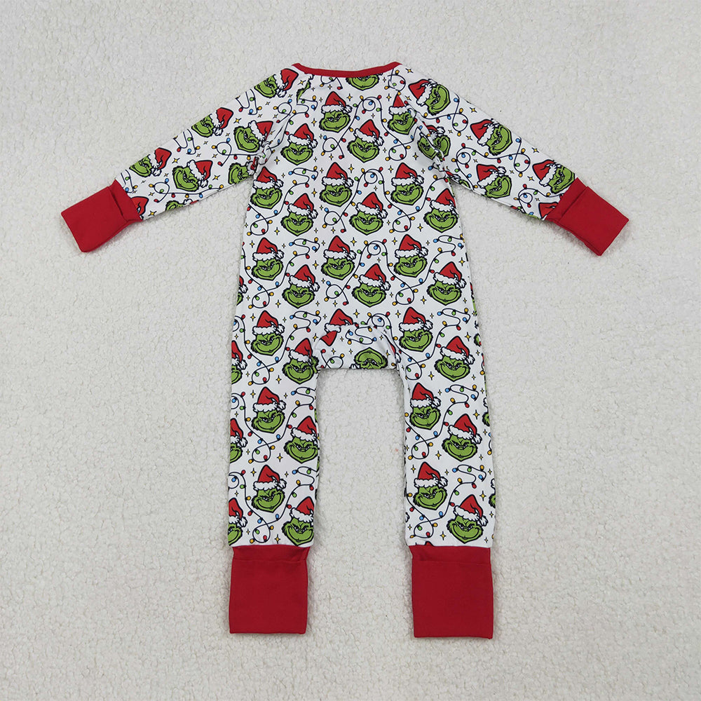RTS NO MOQ （In stock）LR2574 Baby Boys Winter Rompers Christmas Lights Green Face Plaid Zipper Footie Rompers