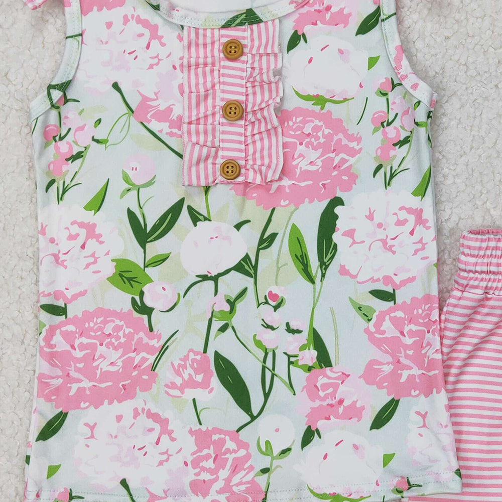 5.16 GSSO2357 RTS NO MOQ Sleeveless pink floral top stripe shorts girls clothing set