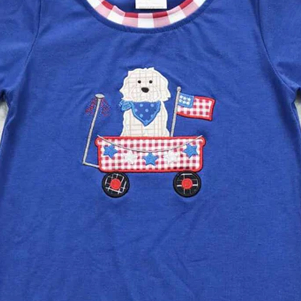 6.03  New Rts No Moq 8-9 Days By Air Arrived it Blue Short-Sleeved Baby Boy Onesie 4th of July Dog Print Outfit Set for Boys under 3 Years Old