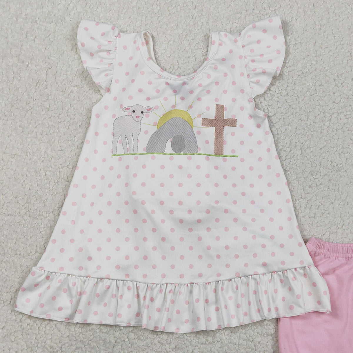 2.2 RTS NO MOQ （In stock）GSSO3018 Baby Girls Cross Polka Dots Back Bow Tunic Ruffle Short Easter Clothes Sets